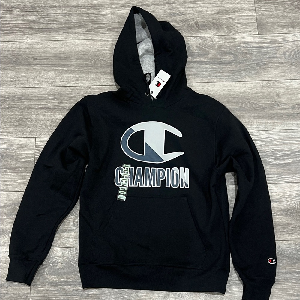 Champion Black and Gray Logo Hoodie